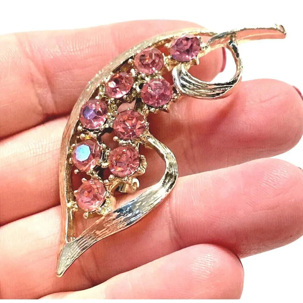 Vintage Mid Century brooch textured gold tone & pink rhinestones organic leaf